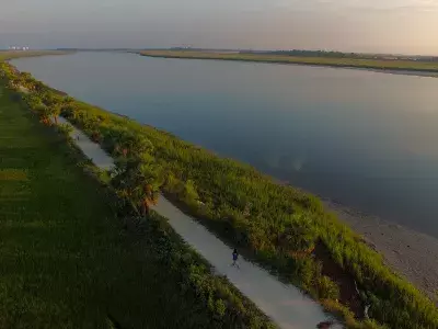 Aerial view of McQueen's Island Trail and the ocean on Tybee Island
