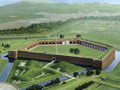 Fort Pulaski’s outer walls and drawbridge surrounded by a calm moat.