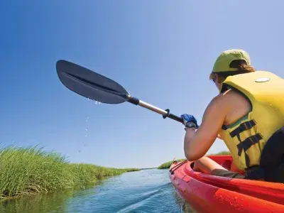 A person wearing a yellow life vest kayaking through a marsh.