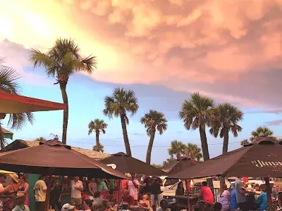 Outdoor deck dining at sunset