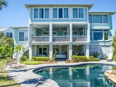 A beautiful multi-story home with a backyard pool.